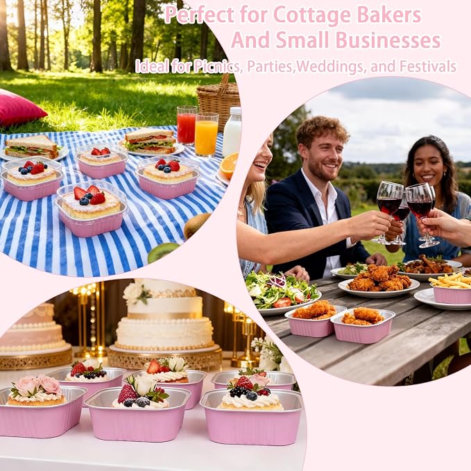 200 Pack 8 oz Pink Square Mini Cake Pans with Lids, Aluminum Foil Square Brownie Baking Cups for Ramekins Muffin Cupcake Wedding Birthday Party