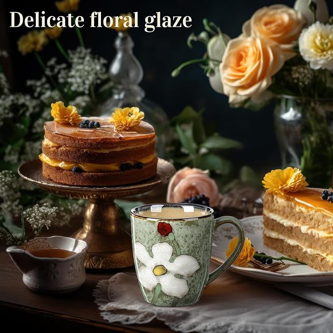 Maxdot 1 Pcs 12oz Ceramic Coffee Mugs Sets Glazing Process Cappuccino Mug Floral Ceramic Tea Cups Idea Gift Set for Women Porcelain Cup for Coffee, Cocoa, Tea, Latte (Retro) (Fresh)