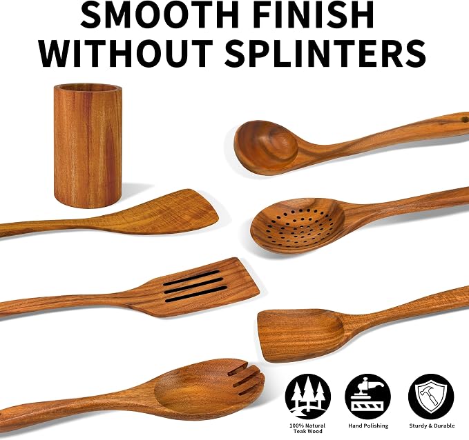 Brosisincorp Natural Teak Wood Spoons for Cooking with Holder 7 Pcs, Comfortable Grip Wooden Kitchen Utensils Set Scratch-Free Smooth Finish for Non-Stick Cookware