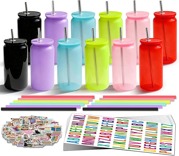 16 oz Plastic Cups Reusable with Lids and Straws & DIY Sticker, 12Pack Acrylic Mason Jars Iced Coffee Drinking Glasses Cup for Park Picnic, Poolside, Party Giveaways, Jelly Color