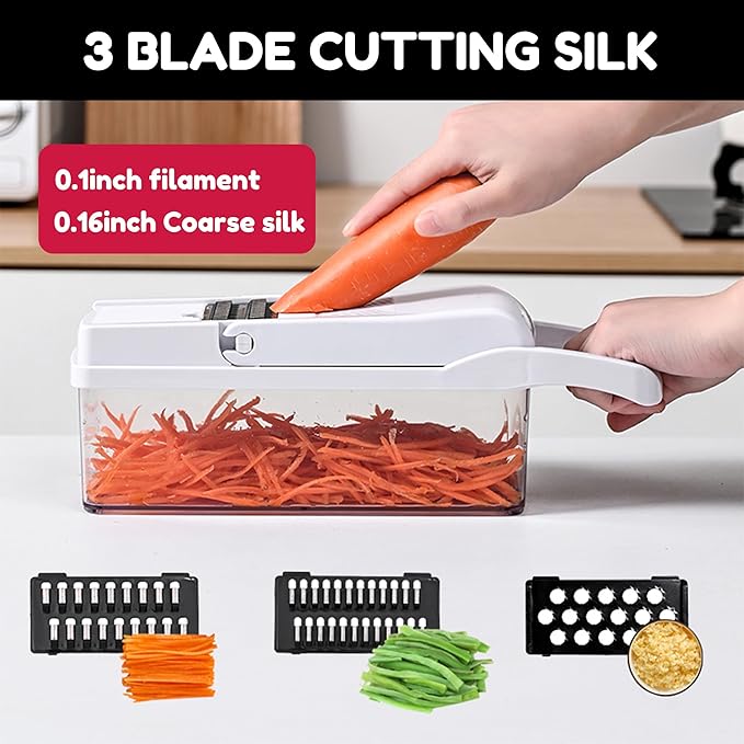 Vegetable Chopper,25 in 1 Multifunctional Food Chopper with Container,Kitchen Vegetable Slicer Dicer Cutter,Veggie Chopper Fruit Salad Potato,13 Blade Stainles Steel Blades（White）