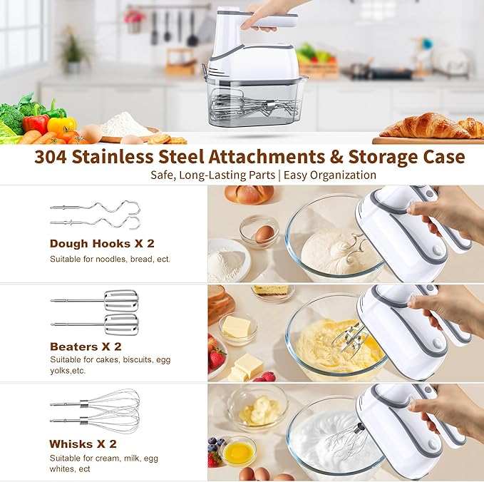 binROC Cordless Electric Hand Mixer, 12-Speed Rechargeable Handheld Mixer with Eject Button, 6 Stainless Steel Attachments, Snap-On Storage Case, LED, Self-Stand for Baking, Cake, Dough, Egg (White)