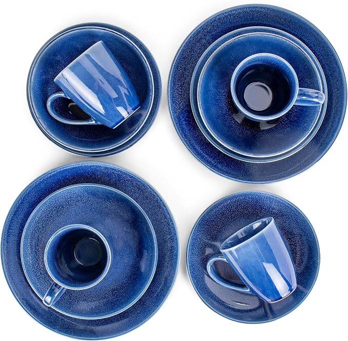 Elanze Designs Reactive Glaze Stone Ceramic Plates Bowls Mugs Classic Dinnerware 16 Piece Set - Service for 4, Blue