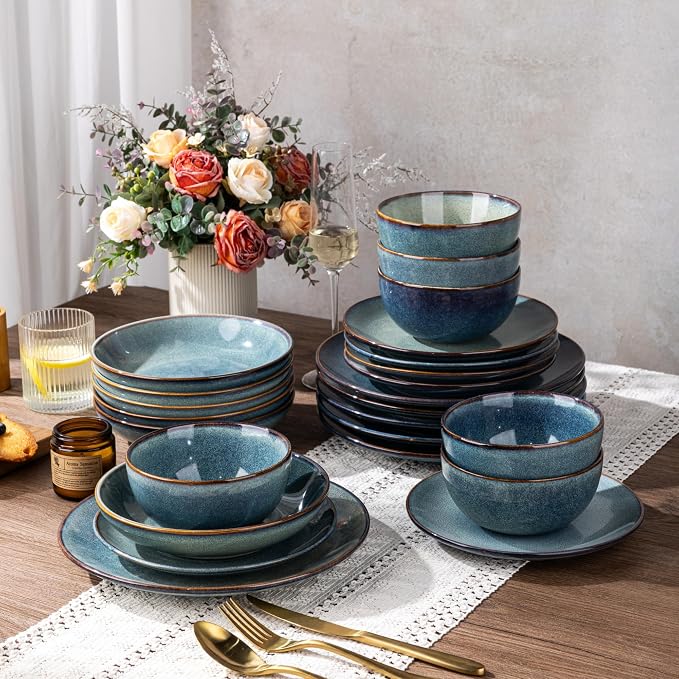 GBHOME 24 Pieces Double Bowls Dinnerware Sets for 6, Stoneware Plates and Bowls Set with Reactive Glaze, Scratch Resistant Stoneware Dishes Set, Dishwasher & Microwave Safe