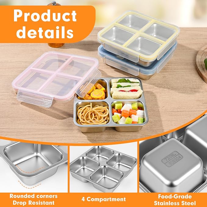 3 Pack Stainless Steel Snack Containers with Lids, Leakproof 4 Compartment Bento Lunch Boxes, Reusable Metal Meal Prep Food Storage Containers, Dishwasher Safe for Work, Travel, Picnic