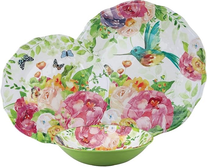 UPware 12 Piece Rose Garden Melamine Dinnerware Sets, Outdoor Dishes Set, Plates and Bowls Sets, Service for 4, Multicolor