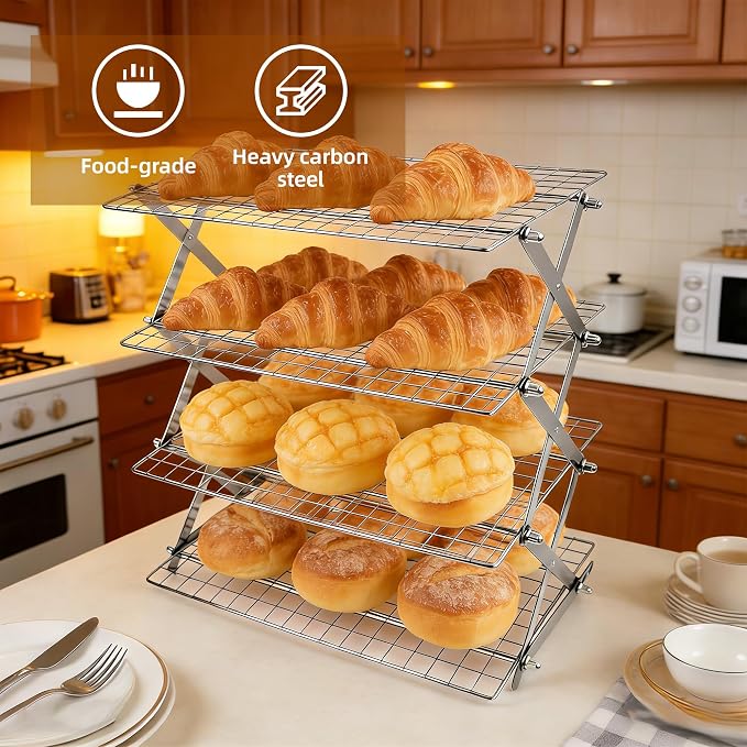 4 Tier Collapsible Cooling Rack with Adjustable 6 Setting Design stackable wire rack for baking sheet for Cookies Baking Gifts for Women (Silver, 4-Tier)