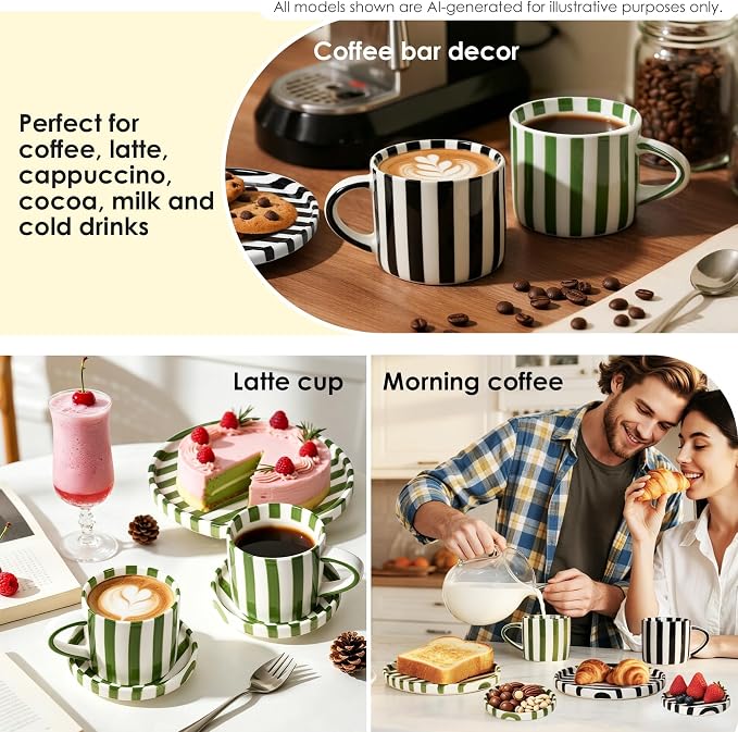 Ceramic Coffee Mug Set with Plates, 3-Piece Black Striped Mug Coffee Mug Ceramic Tea Cups and Saucers & Dessert Plate, Unique Coffee Mugs, M/W, D/W & Fridge Safe, Gift for Women, Coffee Lover Gifts
