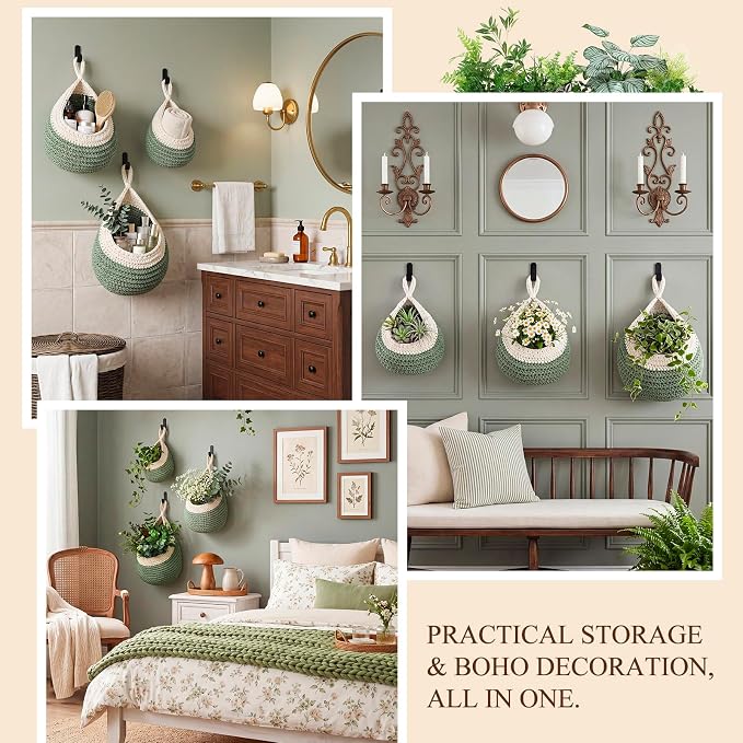 Honeydak Boho Decor Hanging Wall Baskets for Kitchen 3 Pack Teardrop Baskets with Hooks Storage Fruit Onion Vegetable Potato for Home 3 Sizes(White with Sage Green,Teardrop,Cotton Rope)
