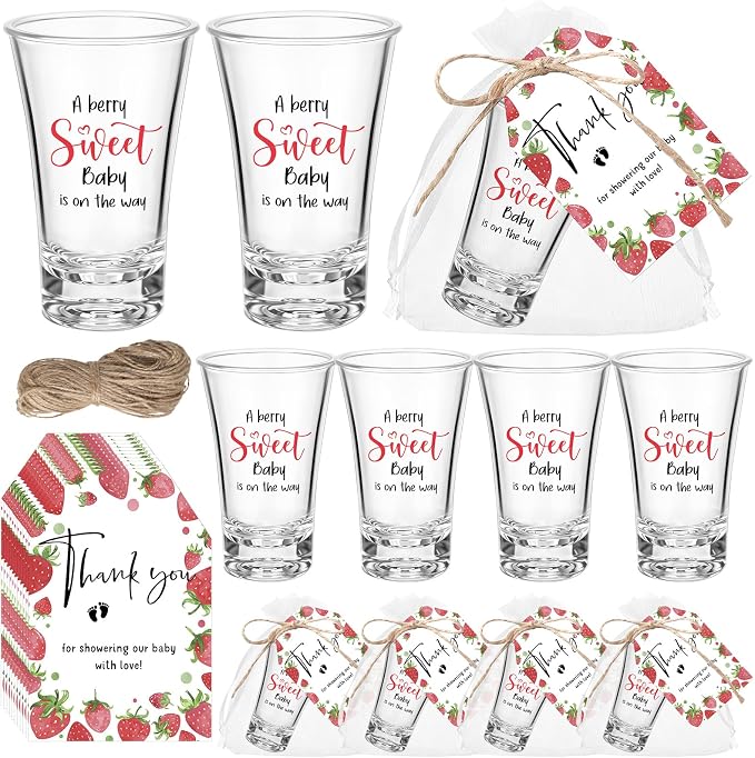 Pickmesh 25 Sets Sweet Strawberry Baby Shower Shot Glasses for Guests Include Acrylic Clear Shot Glasses Sweet Barry Cards Organza Bags Favors for Gender Reveal Party Supplies