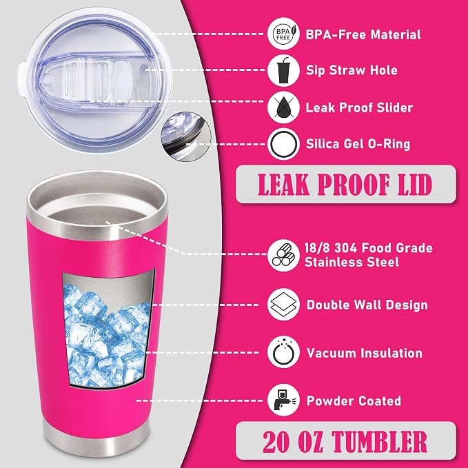20 oz Tumbler Coffee Travel Tumblers Bulk with Lid Stainless Steel Double Wall Vacuum Insulated Mug Powder Coated Cups fit Car Cupholder for Hot and Cold - Hot Pink, 4Pack
