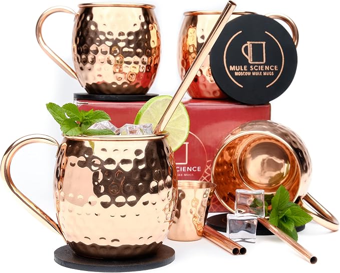 Copper Moscow Mule Mugs Set of 4 with Straws, Jigger & Coasters | Hammered Copper Cocktail Cups with Food-Safe Lacquer Coating (Interior & Exterior) | Lab Tested, 1-Year Warranty Gift Set