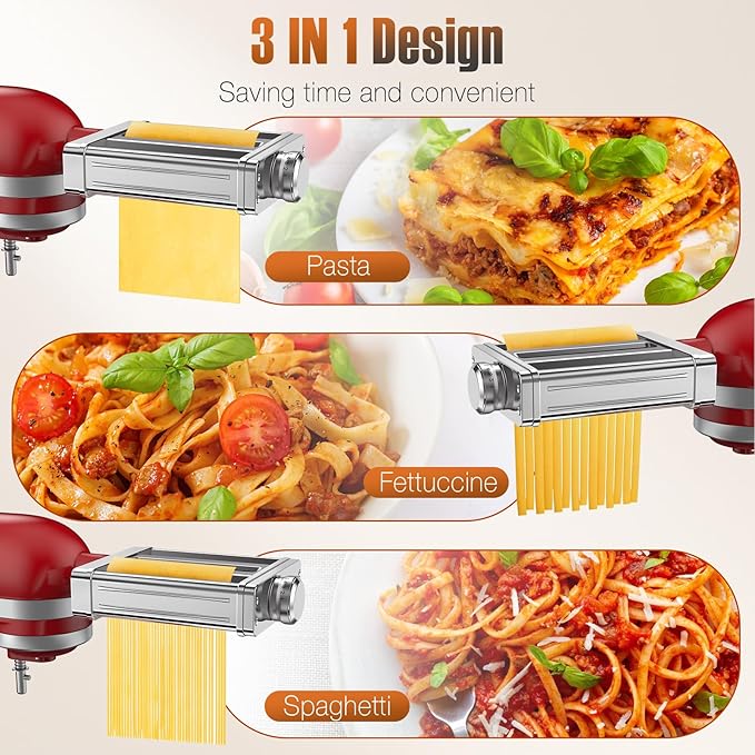 All Stainless Steel Pasta Maker Attachment 3 in 1 for KitchenAid Stand Mixer Included Pasta Sheet Roller, Spaghetti Cutter, Fettuccine Cutter Maker Accessories with 8 Thickness Settings by Fedowal