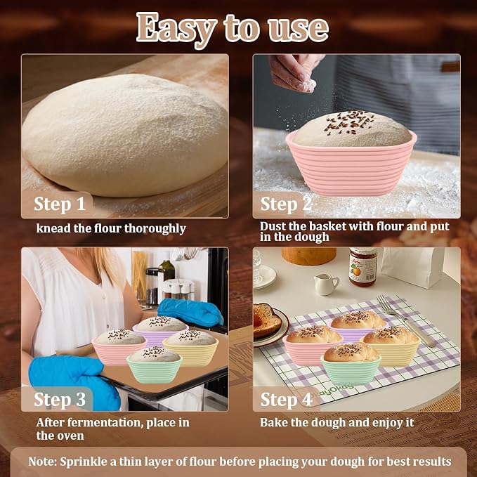 4Pcs Mini Silicone Banneton Bread Proofing Baskets, 6.5" Sourdough Banneton Proofing Baskets, Non-Stick Oval Dough Proofing Bowl Contain