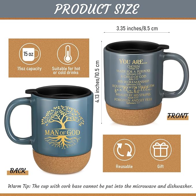 Didaey 12 Pcs Man of God Gifts for Men Christian Mugs Bulk with Cork Bottom 15 oz Bible Verses Cup Ceramic Religious Coffee Mug Thank You Gift for Father Dad Grandpa Church Christmas (Multicolored)