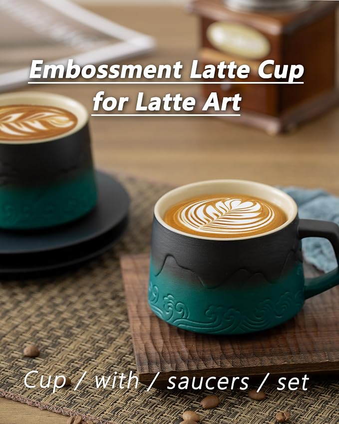 8 oz Cappuccino Cups Set of 2, Embossment Ceramic Coffee Cups with Saucers Set for Latte Art, Artistic Stoneware Cups for Cafe Au Lait, Black Tea, Coffee Lovers GiftsGradient Green