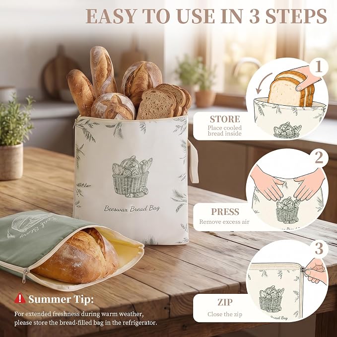 Beeswax Sourdough Bread Bags with Wide Zipper Access, 2 Pack XL 13" x 17" Reusable Linen Cotton Bread Bags for Homemade Bread, Keeps Bread Crusty Outside & Fresh Inside
