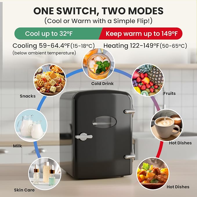 Simple Deluxe 6L/9 Can Mini Fridge with Observation Window, Portable Cooler & Warmer Freon-Free Small Refrigerator, Compact for Skincare, Beverage, Food, Cosmetics, Black