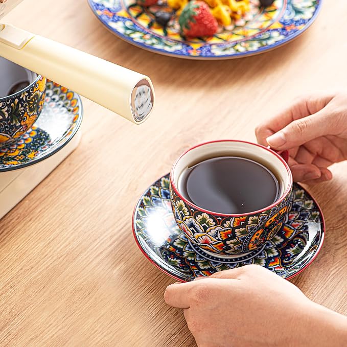 Henten Home Ceramic 8.5 oz Tea Cup Set, Latte Cup with Saucers Set of 6, Boho Style Cup for Cappuccino, Coffee, Hot Cocoa, Espresso, Microwave & Dishwasher Safe