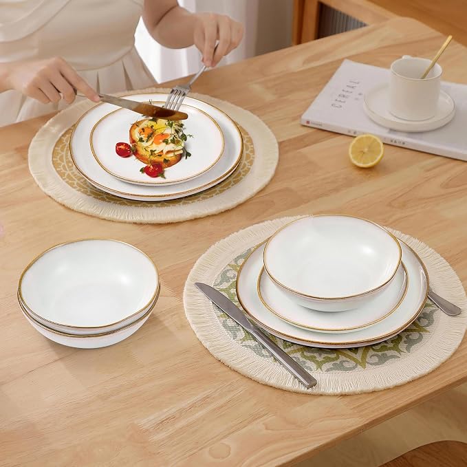 Herogo 24Pcs Plates and Bowls Dinner Set, Stoneware Dinnerware Dishes Sets for 6, Ceramic Dishware Tableware Includes Dinner Salad Plates, Soup Bowls, Microwave & Dishwasher Safe, Pearl White