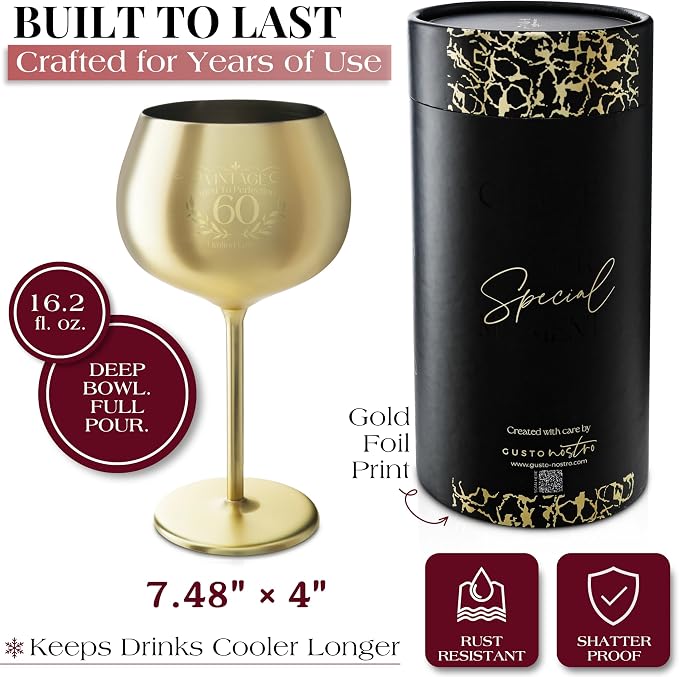 Gusto Nostro 60th Birthday Wine Glass - Happy 60th Birthday Gifts for Women/Men - Stainless Steel Wine Glass with Engraved Vintage Sixty Bday Quote, Luxury Box - Unique Gifts for 60 Year Old Woman,Man