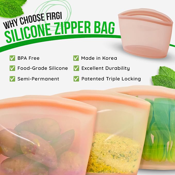 Reusable Silicone Food Storage Bags, 3-Pack Variety Set (2, 3.5, 6 Cups), Made in Korea BPA-Free Silicone, Triple-Airtight Freezer Bags, Microwave Safe, Sous Vide, Zip Lock Pouch, Dry Rose