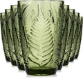 Green Drinking Glasses Set of 8, 12 oz Vintage Hand-Pressed Glass Cups, Fern Textured Highball Tumblers, Antique Style Boho Glassware for Water, Juice, Cocktails & Mocktails, Housewarming Gift Set