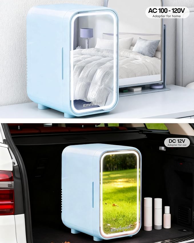 Enventor Mini Skincare Fridge Small Refrigerator for Bedroom, Beauty Fridge for Makeup with Dimmable LED Mirror, 6 L / 8 Cans Compact Portable Cooler for College Dorm, Office, Car, Blue