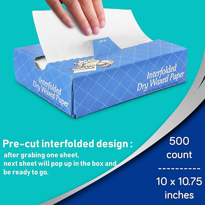 Fit Meal Prep 500 Sheets 10 x 10.75” Dry Wax Paper Sheets for Food, Greaseproof Sandwich Wrapping, Interfolded Deli Wax Paper for Fries, Burgers, Food Basket, Made in USA