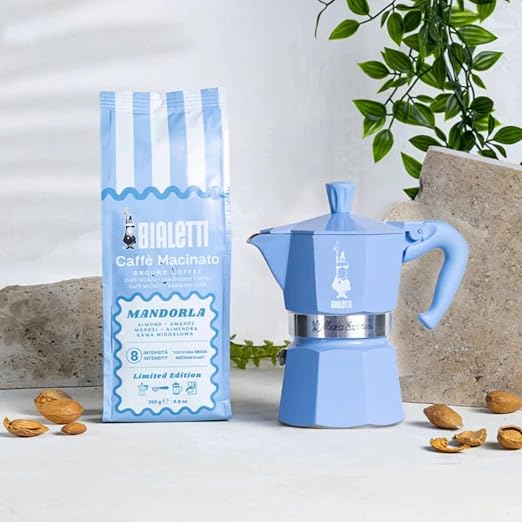 Bialetti Moka Express 3 Cup Light Blue & Almond Ground Coffee Gift Set – Stovetop Espresso Maker with 250g Caffe Macinato Mandorla, 80% Arabica 20% Robusta Medium Dark Roast, Made in Italy