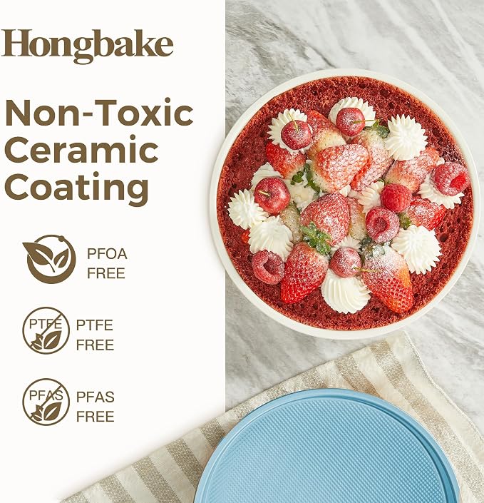 HONGBAKE Nonstick Ceramic 9 Inch Round Cake Pan Set of 2, Heavy-Duty Aluminized Steel Round Cake Pans with Diamond Texture, Non-Toxic Cake Molds, Cake Pans 9 Inch Round for Baking Cheesecake, Blue