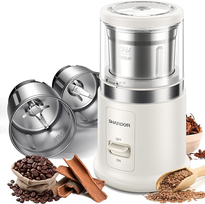 SHARDOR Quiet Coffee Grinder Electric, 70g Removable Bowl Spice Grinder for Coffee Beans, Seeds and Grains, Super Silent Grinding Mill with 60dB Low Noise, 2.5oz Capacity, White