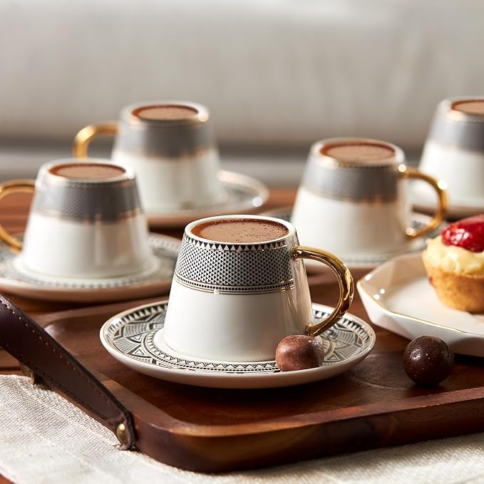 KARACA Globe Turkish Coffee Cup Set of 6, 80ml, 2.7 oz, Small Espresso Cups with Saucers, Porcelain, Black Patterns, and Gold Handles, Ideal for Serving Greek, Arabic Coffee