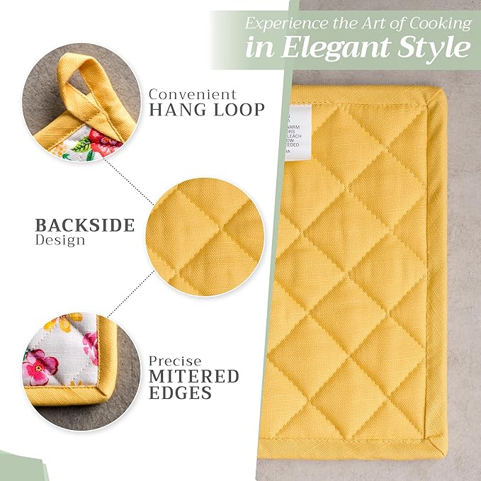 Maison d' Hermine Pot Holders 100% Cotton Heat Resistant Potholders 8" x 8" Hot Pads with Loop BBQ Baking Gifts for Mothers Day Handling Hot Pans Spring/Summer (Pack of 1, Happy Florals - Sweety)