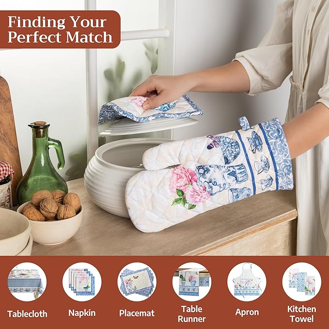 Maison d'Hermine Oven Gloves 100% Cotton Oven Mitt 7" x 13" with Loop Heat Resistant BBQ Cooking Gloves Baking Grilling Gifts for Mothers Day Spring/Summer (Pack of 1, Canton)