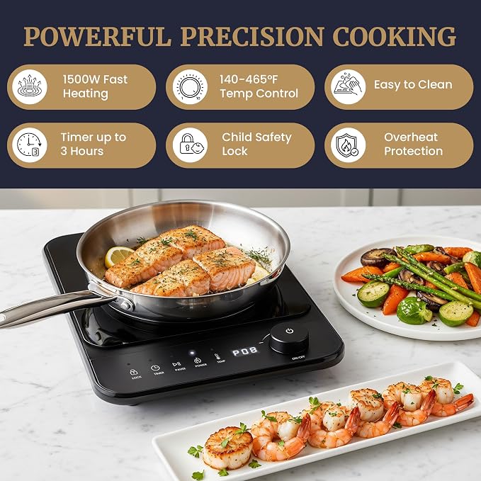 Elite Gourmet Slim Portable Induction Cooktop, 1500W Countertop Burner with 10 Power Levels & Temperature Control (140°F–465°F), Ultra-Slim 2" Design, Digital Touch Controls, Timer & Child Lock
