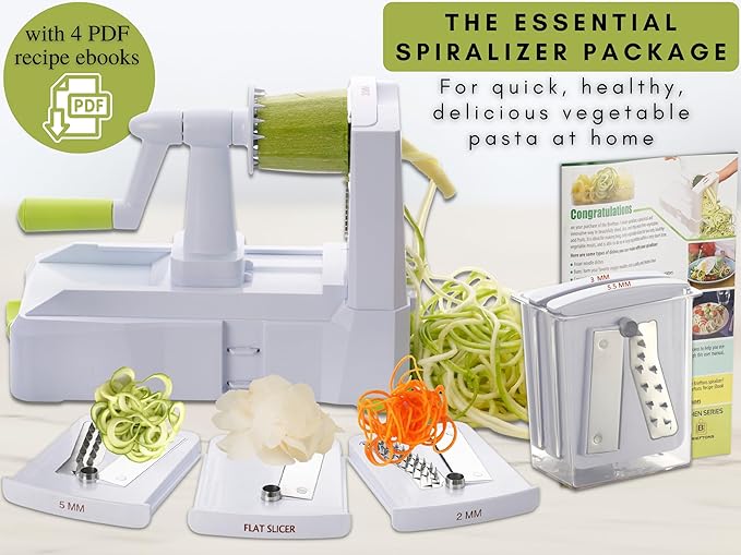 Brieftons 5-Blade Vegetable Spiralizer: Best Zucchini Spiral Slicer & Veggie Noodle Maker, Japanese Steel Blades, Strong Suction Cup, Blade Caddy, 4 Recipe eBooks | Low Carb, Vegan, Paleo, Gluten-Free