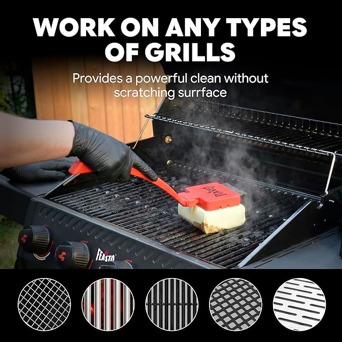 Feasto Bristle Free Grill Brush with Scraper for Outdoor Grills, Reinforced Steam BBQ Cleaning Brush with Replaceable Cleaning Head, Safe Grill Cleaner for Cast Iron & Stainless Steel Grates, Red