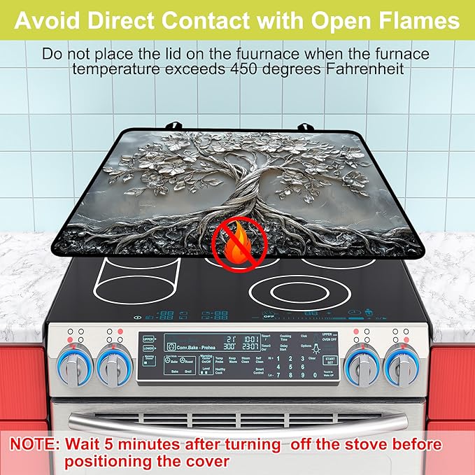 Glass stove top cover 28"x 20", Stove Top Covers for Electric Stove, Flat Range Mat for Glass Cooktop, Kitchen Heat-Resistant Protector Non-Slip Drying Mat (Silver Tree of Life)
