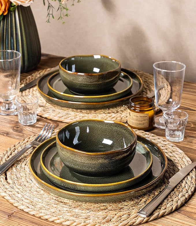 TheTerra Ceramic Dinnerware Sets for 4, 12 Pieces Porcelain Lightweight Plates and Bowls Sets, Scratch Resistant Dish Set, Oven & Microwave & Dishwasher Safe, Olive Moss