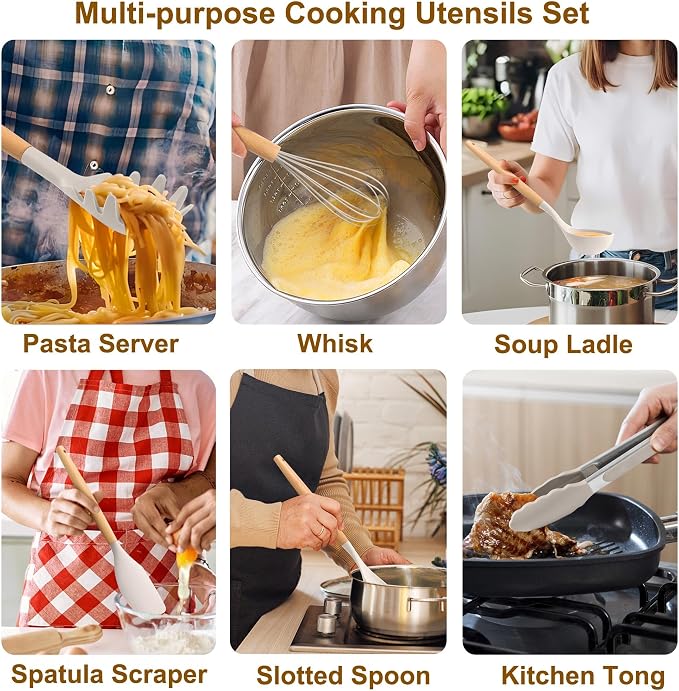 LIANYU Kitchen Knife Set with Block and 15-Piece Kitchen Cooking Utensils Set with Holder, 15 Pieces Knife Block Set with Sharpener and Silicone Kitchen Tools Include Spatula Tong Slotted Spoon Turner