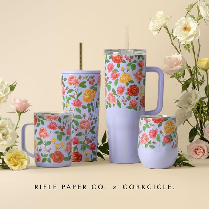 Corkcicle x Rifle Paper Co. Cruiser Insulated Tumbler with Handle & Straw - Keeps Drinks Cold 20 Hours - BPA-Free - Gift for Mom - Great for Mother's Day or Christmas - 40 oz - Roses Purple