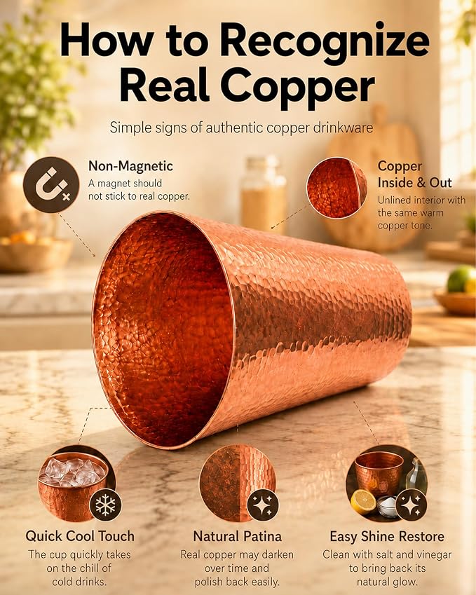 Pure Copper Cup for Drinking Water, 24oz Unlined Copper Tumbler, | Real Solid Copper Glass for Beer, Wine & Coffee