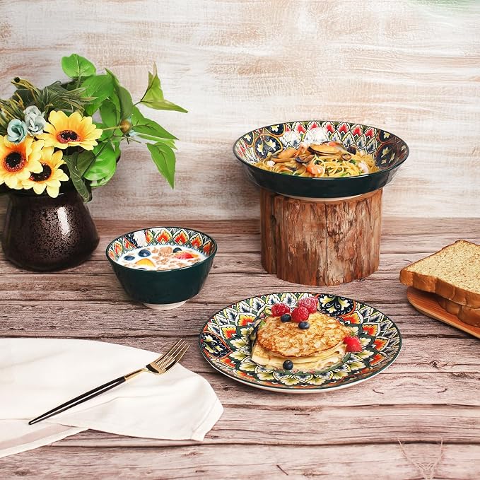 YA JU Mandala Dinnerware Sets (12 Pcs) Serves 4, Buffet Dinnerware, Boho Plates and Bowls Dish Set with 8" Deep Plate 10" dinner Plate 4.8" bowl, apply Casual dining Indoor Outdoor Dining Party