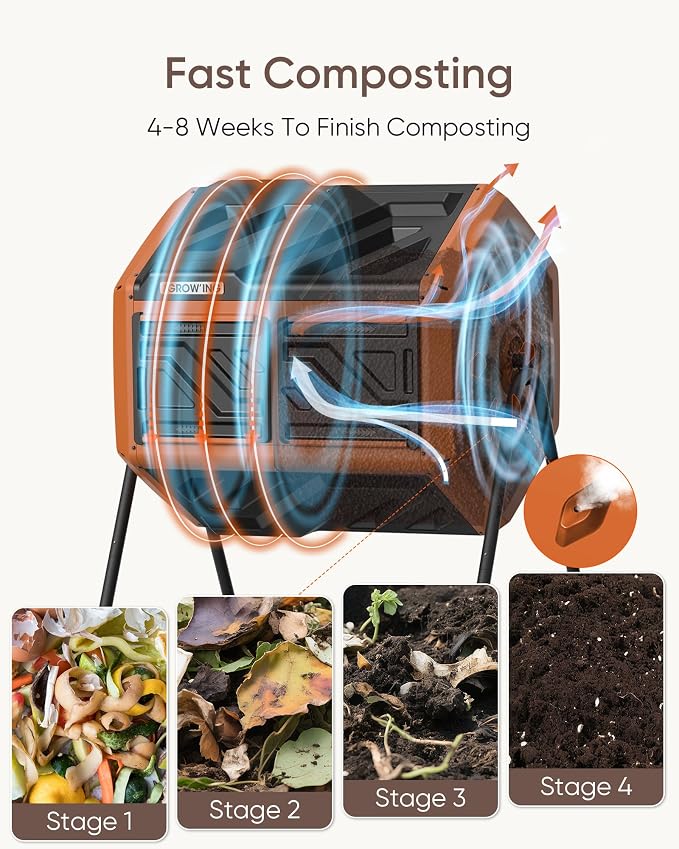 THEGROW'ING 43 Gallon Dual Chamber Compost Bin with Built-in Nuts, Outdoor Rotating Composter Tumbler for Garden Backyard, Orange
