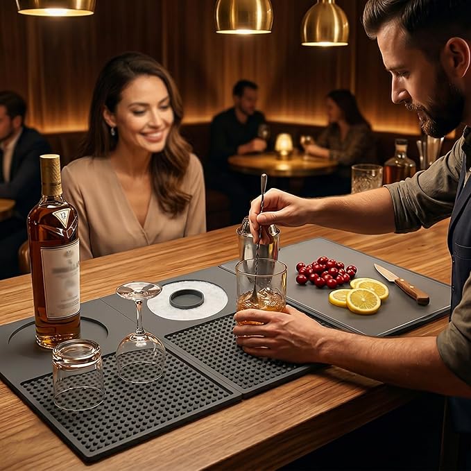 12'' x 22'' Silicone Cocktail Bar Mat for Bartending & Home Bar - Multifunctional Folding Drink Mat with Cutting Board - Portable Black Bar Countertop Accessories & Spill Mat（GREY）