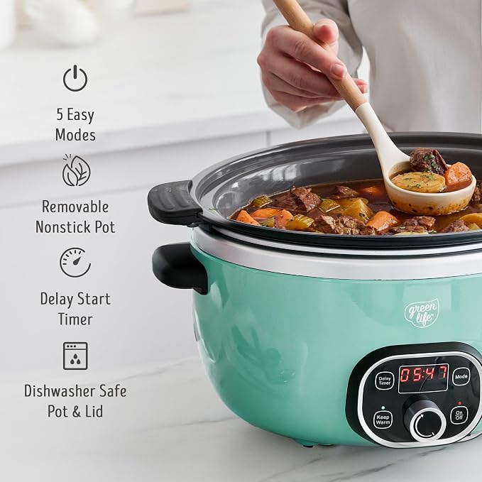 GreenLife 6QT Ceramic Slow Cooker, PFAS-Free, Programmable, Removable Healthy Nonstick Pot for Family Meals, Sear on Stovetop, Keep Warm, Digital Timer, Dishwasher Safe Crock, Turquoise