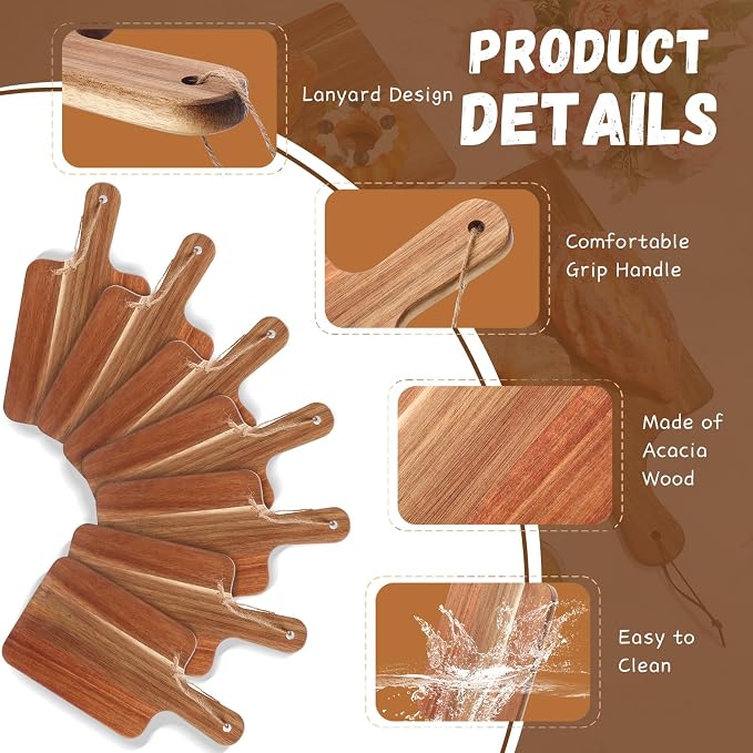 Geetery 16 Pcs Acacia Wood Cutting Board with Handles Bulk, Wooden Charcuterie Boards Serving Chopping Boards for Kitchen, Pizza, Bread, Vegetables, Laser Engraving, Housewarming Gifts(12 x 6 Inch)