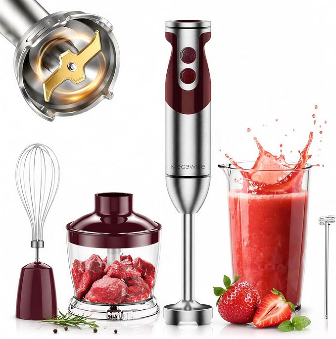MegaWise Pro Titanium Reinforced 5 in1 Immersion Hand Blender, Powerful with 80% Sharper Blades, 12 Speed Corded Blender, Including 500ml Chopper, 600ml Beaker, Whisk and Milk Frother