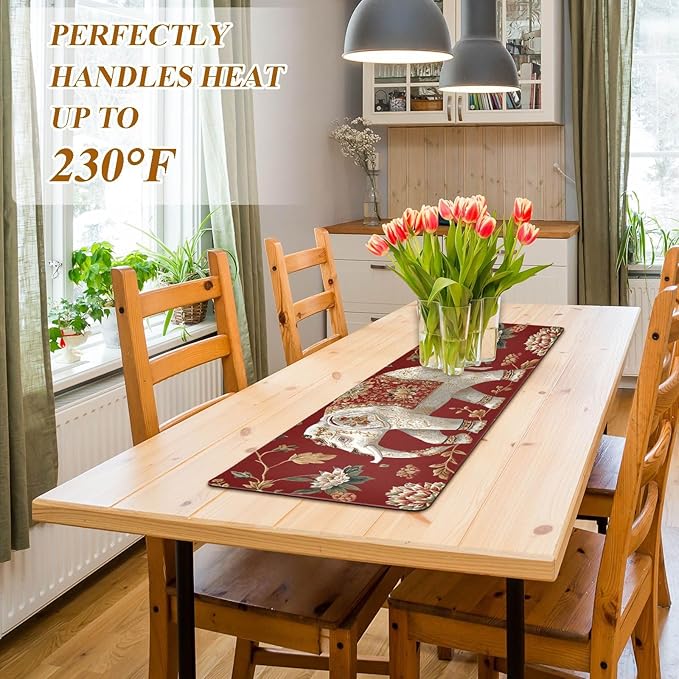 2 in 1 Table Runner Trivet for Hot Pots and Pans Heat Resistant Non Slip Waterproof 39 x 12 Inch Decorative Table Protector for Kitchen Countertop Red Floral Retro Elephants